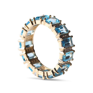 BLUE TOPAZ AND DIAMOND EMERALD CUT ETERNITY BAND RING