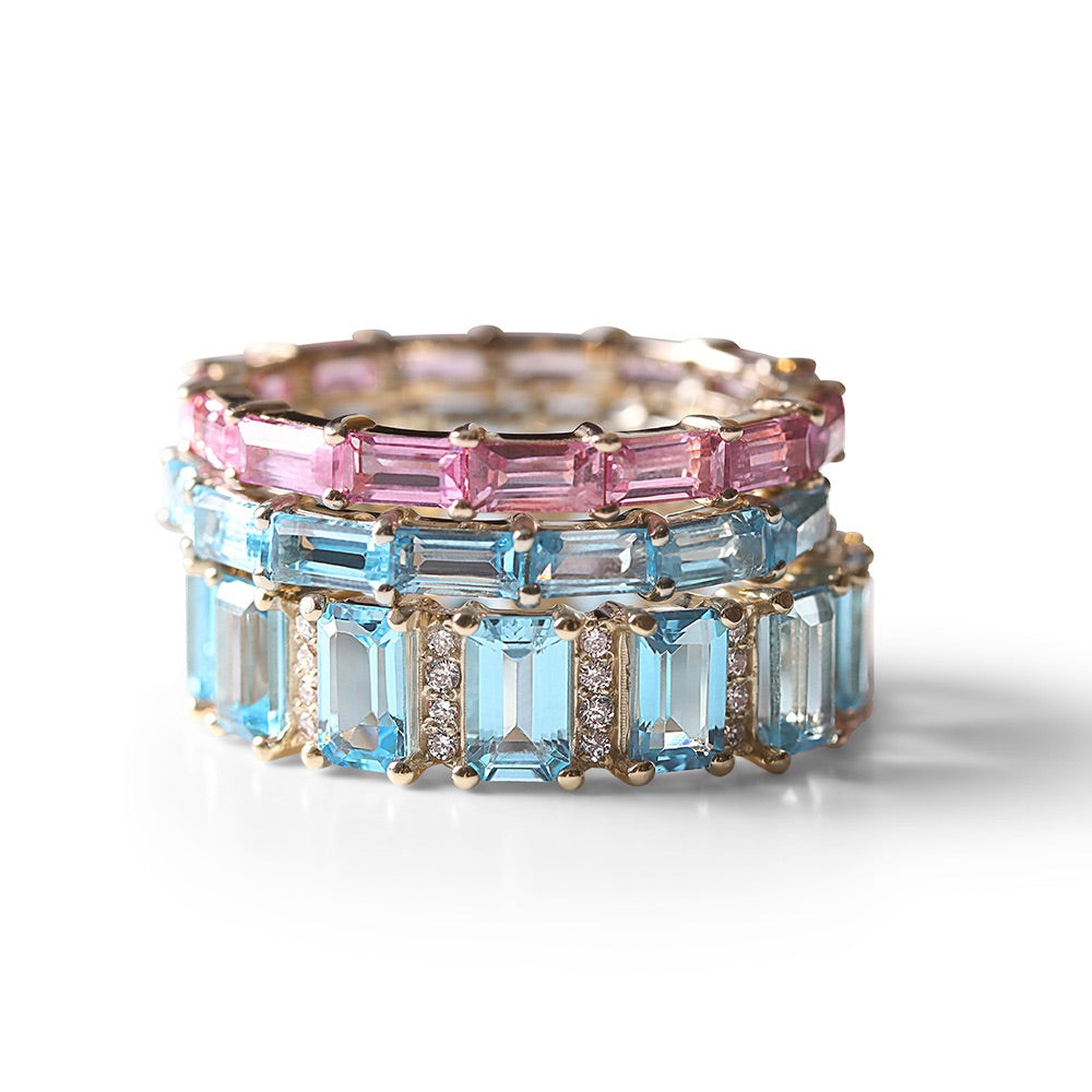 BLUE TOPAZ AND DIAMOND EMERALD CUT ETERNITY BAND