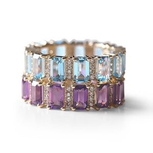 BLUE TOPAZ AND DIAMOND EMERALD CUT ETERNITY BAND