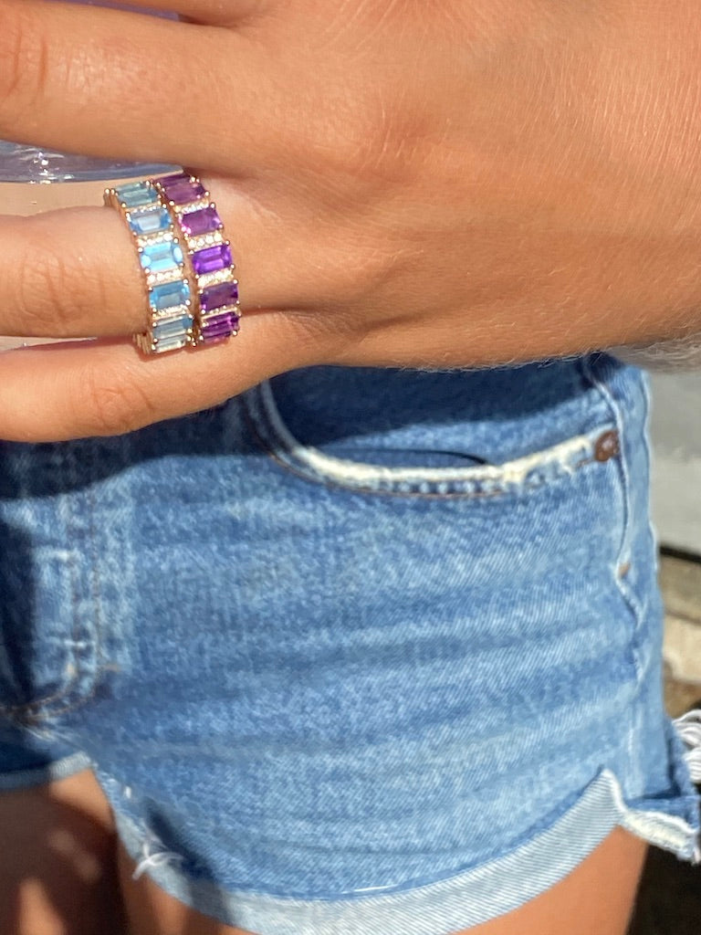 BLUE TOPAZ AND DIAMOND EMERALD CUT ETERNITY BAND